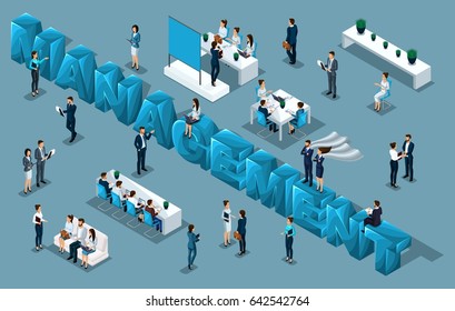 Isometric cartoon people, 3d businessmen, office workers, people in business suits big letters management manager set for vector illustration