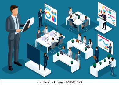 Isometric cartoon people, 3d businessmen and business ladies different situations, big man and mini coaching concept for vector illustrations.