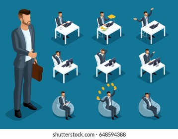 Isometric cartoon people, 3d businessmen, businessmen in different situations, big man and mini concept with him for vector illustrations.