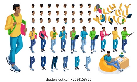 Isometrische Cartoon Menschen, 3D-Set für die Schaffung Black Man Student Person. Gesten in voller Länge einzeln, N2. Erstellen Sie Ihr eigenes Vektordesign.