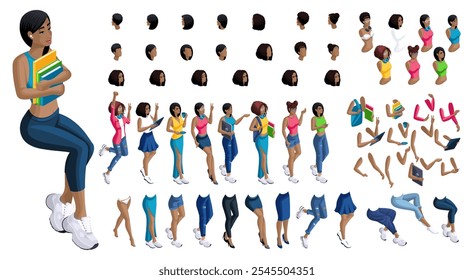 Isometric cartoon people, 3D Set for creating Black Student person. Full length gestures isolated, N3. Create your own design for vector