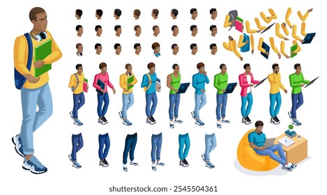 Isometrische Cartoon Menschen, 3D-Set für die Schaffung Black Man Student Person. Gesten in voller Länge einzeln, N7. Erstellen Sie Ihr eigenes Design für Vektor