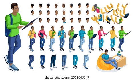 Isometrische Cartoon Menschen, 3D-Set für die Schaffung Black Man Student Person. Gesten in voller Länge einzeln, N6. Erstellen Sie Ihr eigenes Design für Vektorgrafiken