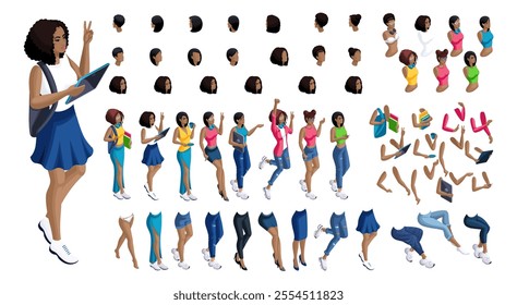 Isometric cartoon people, 3D Set for creating Black Student person. Full length gestures isolated, N6. Create your own design for vector.