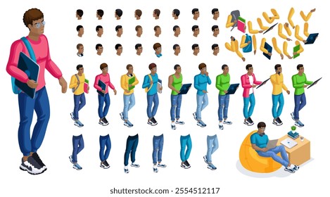 Isometric cartoon people, 3D Set for creating Black Man Student person. Full length gestures isolated, N3. Create your own design for vector.