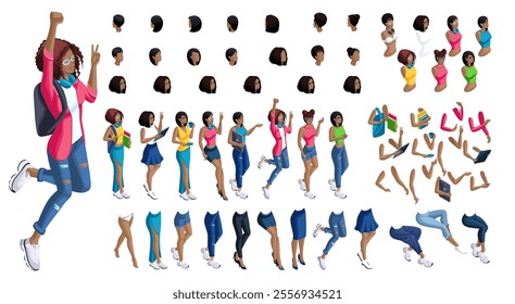 Isometric cartoon people, 3D Set for creating Black Student person. Full length gestures isolated, N5. Create your own design for vector.