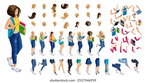 Isometric cartoon people, 3D Set for creating Girl Student person. Full length gestures isolated, N1. Create your own design for vector