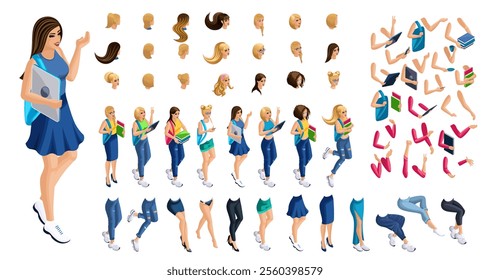 Isometric cartoon people, 3D Set for creating Girl Student person. Full length gestures isolated, N7. Create your own design for vector