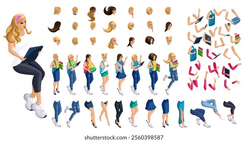 Isometric cartoon people, 3D Set for creating Girl Student person. Full length gestures isolated, N8. Create your own design for vector