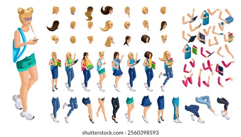 Isometric cartoon people, 3D Set for creating Girl Student person. Full length gestures isolated, N6. Create your own design for vector