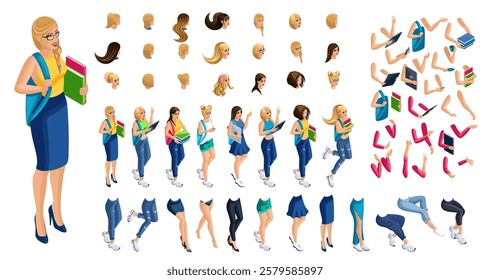 Isometric cartoon people, 3D Set for creating Girl Student person. Full length gestures isolated, N3. Create your own design for vector