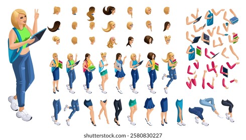 Isometric cartoon people, 3D Set for creating Girl Student person. Full length gestures isolated, N4. Create your own design for vector