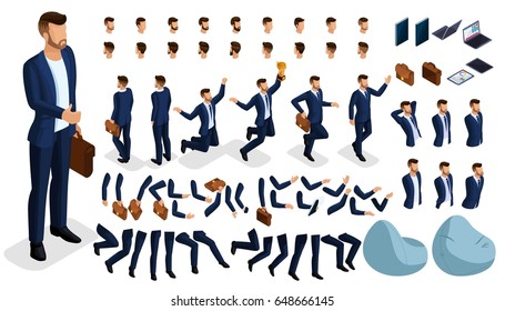 Isometric cartoon people, 3D Set for creating an office worker character. Full length gestures isolated on white background. Create your own design for vector