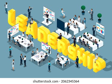 Isometric cartoon people vector, 3D businessmen, concept of training staff, coach teaches, staff at leadership. Great word leadership vector illustration