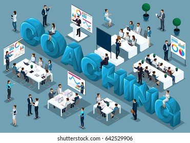 Isometric cartoon people vector, 3d businessmen, concept of training staff, coach on demand teaches, staff at lecture, great word coaching vector illustration