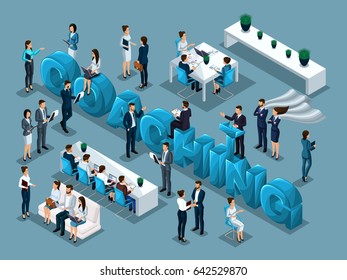 Isometric cartoon people vector, set 3d businessmen, concept of training staff, coacher, big word coaching vector illustration