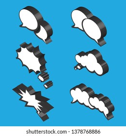  Isometric cartoon pop art and comic bubbles. Set of empty white bubble speech and thought. Vector illustration. Isolated.