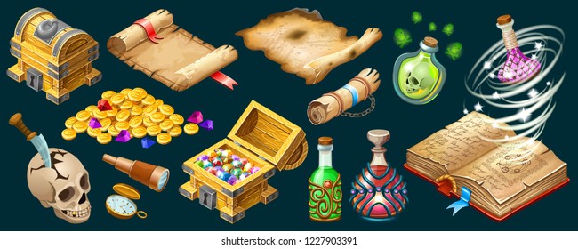 Isometric cartoon royal parchments, book of spells, treasure chests, magical drinks or poisons for computer game on dark background. Isolated vector illustration.