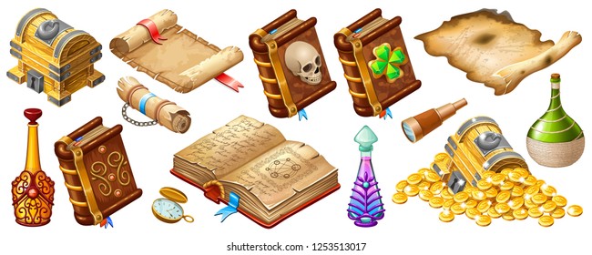 Isometric cartoon royal parchments, book of spells, treasure chests, magical drinks or poisons for computer game on dark background. Isolated vector illustration.