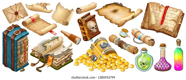 Isometric cartoon royal parchments, rice paper, book of spells, treasure chests, magical drinks or poisons for computer game on white background. Isolated vector illustration.