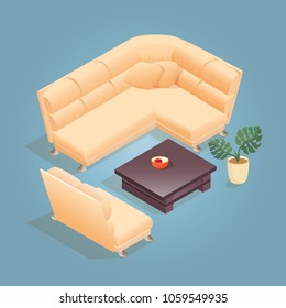 Isometric cartoon sofa, armchair and table icon isolated on blue. Couch and chair with white upholstery. Front and back. Vector flat style 3d illustration.