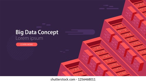 Isometric cartoon technology background. Big data concept. Binary computer code.  Vector illustration.