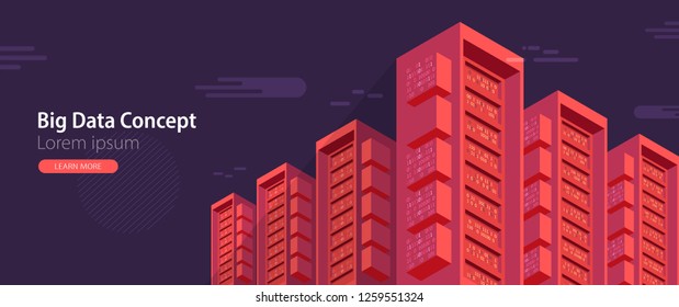 Isometric cartoon technology background. Big data concept. Binary computer code.  Vector illustration.