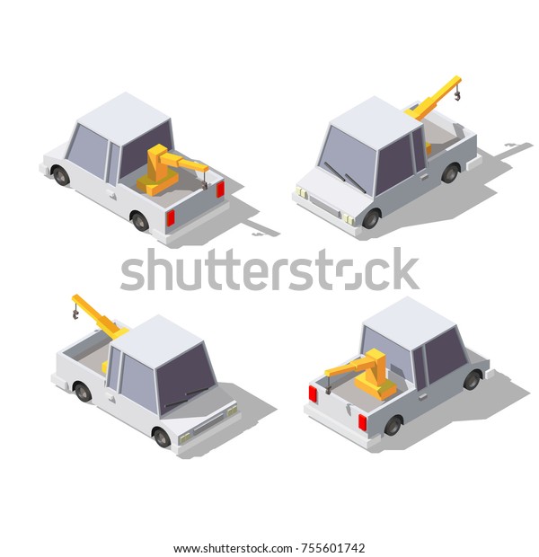 Isometric cartoon tow truck. Vector illustration\
of pick up truck with\
crane.