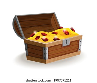 Isometric Cartoon Treasure Chest. Wooden Open Box Full Of Gold Coins And Jewels. Precious Treasures, Crystals, Gems And Golden Coins In Pirate Chest. Illustration For Game User Interface