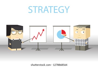 Isometric cartoon vector businessmen with square heads will present a strategy with infographics on the boards