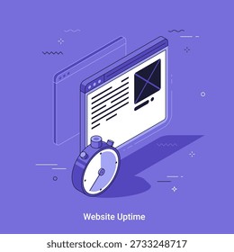 Ilustração isométrica de vetor de desenhos animados com cronômetro ao lado do navegador do site. Monitoramento de tempo de funcionamento da Internet e conceito de página de carregamento rápido para apresentação digital de serviço de hospedagem na Web.