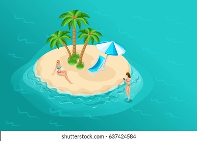 Isometric cartoon vector people, 3d girl in a bathing suit on a desert island on the middle of the sea bright summer vector illustration.