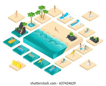 Isometric cartoon vector people, 3d girl in swimsuit, set for creating her beach with beautiful sea waves bright summer vector illustration.