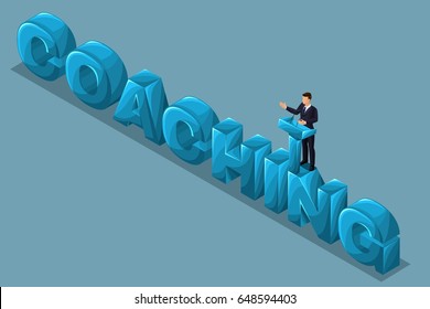 Isometric cartoon vector people, 3d businessman, concept of training staff, coach on demand teaches, great word coaching vector illustration.