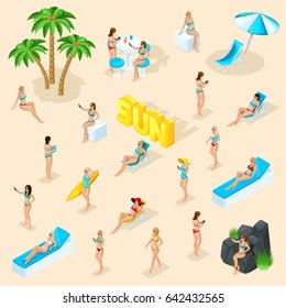 Isometric cartoon vector people, set 3d girl in bathing suits beach, sunbathing, stones, big word sun summer vector illustration