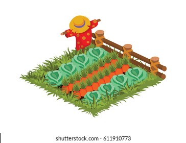Isometric Cartoon Vegetable Garden Bed with Scarecrow Planted with Cabbage and Carrot - Elements for Tileset Map, Landscape Design or Game Object in Colorful Detailed Vector