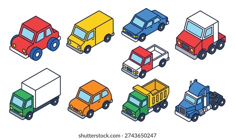 Isometric Cartoon Vehicle Icon Set – Colorful Cars, Trucks, Taxi and Ambulance Transport Collection Vector Illustration