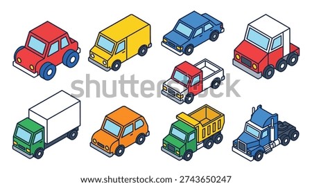 Isometric Cartoon Vehicle Icon Set – Colorful Cars, Trucks, Taxi and Ambulance Transport Collection Vector Illustration