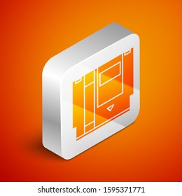 Isometric Cartridge for retro game console icon isolated on orange background. TV Game cartridge. Silver square button. Vector Illustration