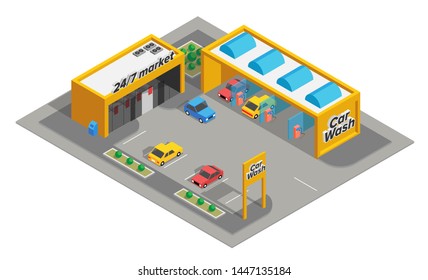 Isometric carwash service concept with market and parking. vector illustration
