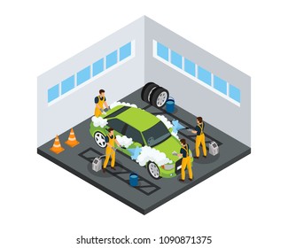 Isometric carwash service concept with workers washing automobile using sponges and special tools in garage isolated vector illustration