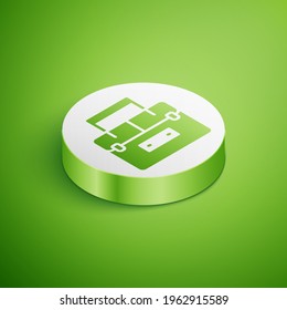 Isometric Case or box container for wobbler and gear fishing equipment icon isolated on green background. Fishing tackle. White circle button. Vector