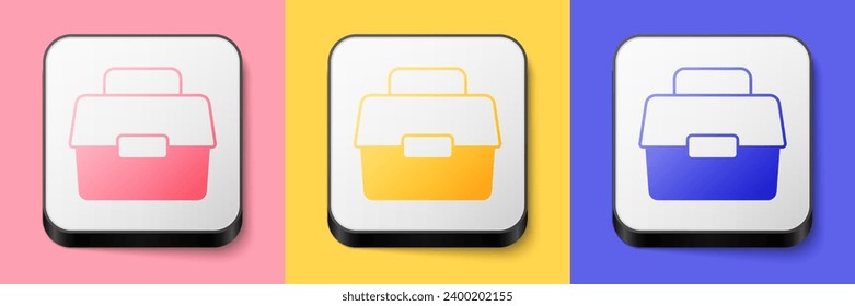 Isometric Case or box container for wobbler and gear fishing equipment icon isolated on pink, yellow and blue background. Fishing tackle. Square button. Vector