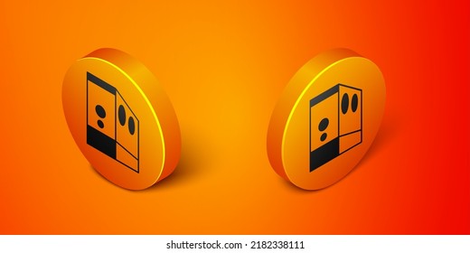 Isometric Case of computer icon isolated on orange background. Computer server. Workstation. Orange circle button. Vector