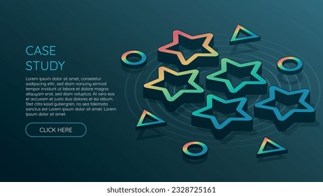 Isometric Case Study with rainbow gradient on blue background. Extended with different shapes.