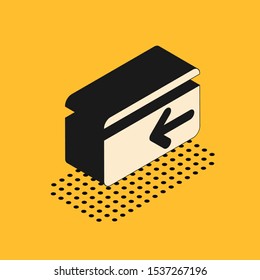 Isometric Cash back icon isolated on yellow background. Credit card. Financial services, money refund, return on investment, savings account.  Vector Illustration