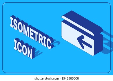 Isometric Cash back icon isolated on blue background. Credit card. Financial services, money refund, return on investment, savings account.  Vector Illustration