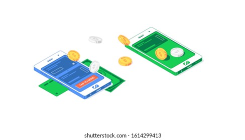 Isometric cash flow smartphone application. Vector illustration of card, banknote, golden and silver coins with two phones isolated on white background. Flat design of exchange and commerce operations