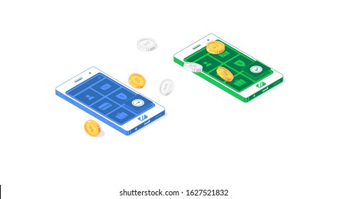 Isometric cash flow smartphone application. Vector illustration golden and silver coins with phones isolated on white background. Flat design exchange and commerce operations mobile app concept