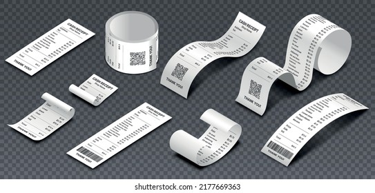 Isometric cash receipt. Collection of checks from terminal in store, bundle of elements for calculating income and expenses. Realistic vector illustrations isolated on transparent background